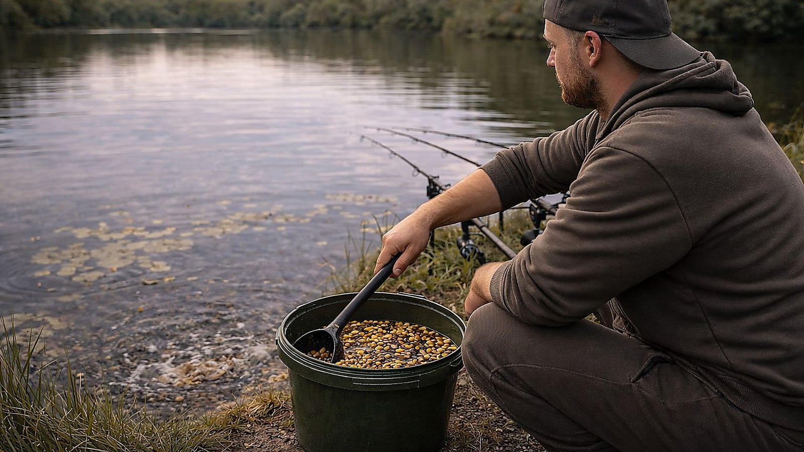 Carp angler lakeside preparing particle bait with a long baiting spoon