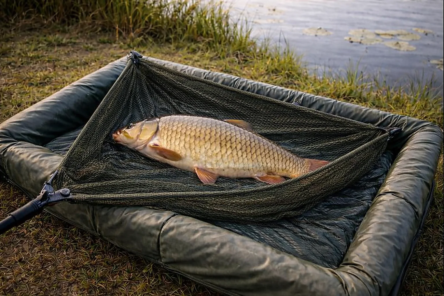 Common carp resting in a landing net on a padded unhooking mat by the lake