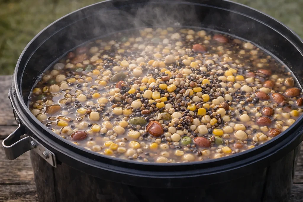 Prepared carp particles resting in their cooking liquor after boiling