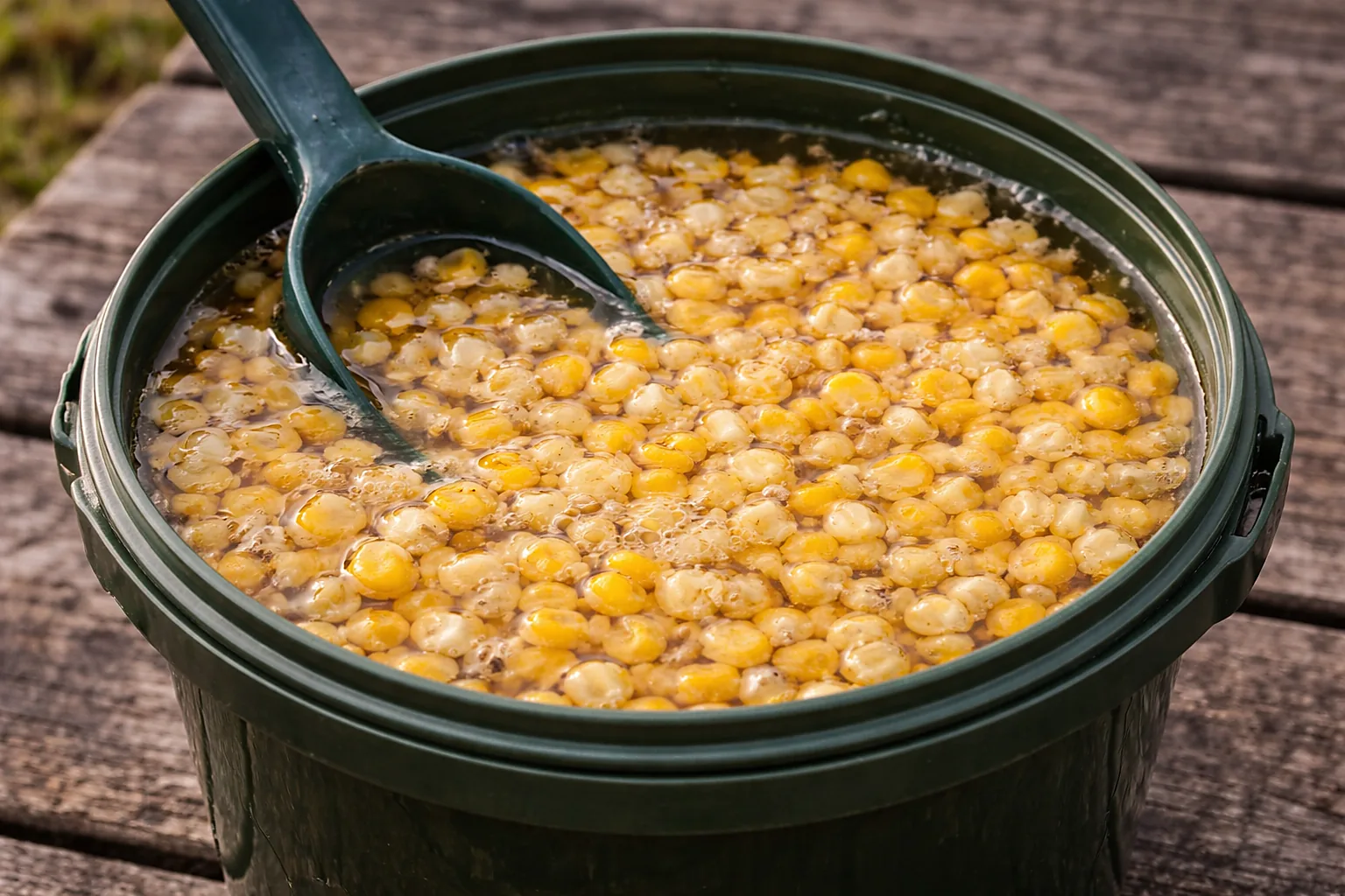 Dried field corn soaking in a bucket of water before boiling for carp bait