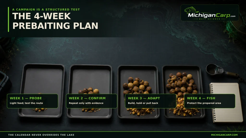 Four-week prebaiting plan for big-lake carp showing probe confirm adapt and fish stages