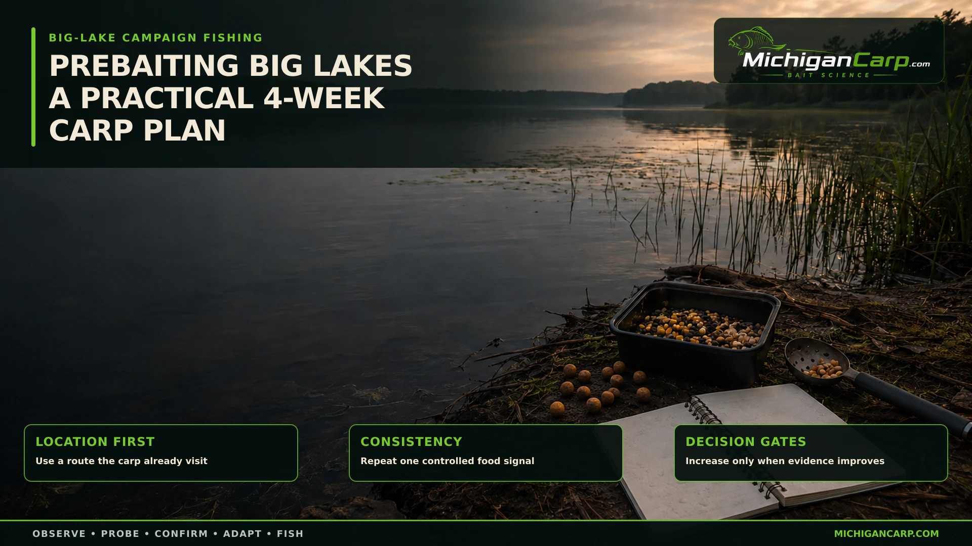 Four-week carp prebaiting campaign on a large Michigan lake with boilies particles a baiting spoon and field notebook