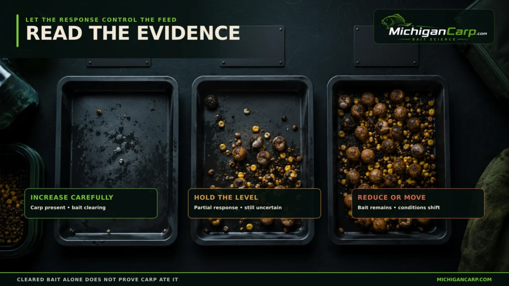 Carp prebaiting decision guide showing when to increase hold or reduce bait from the evidence