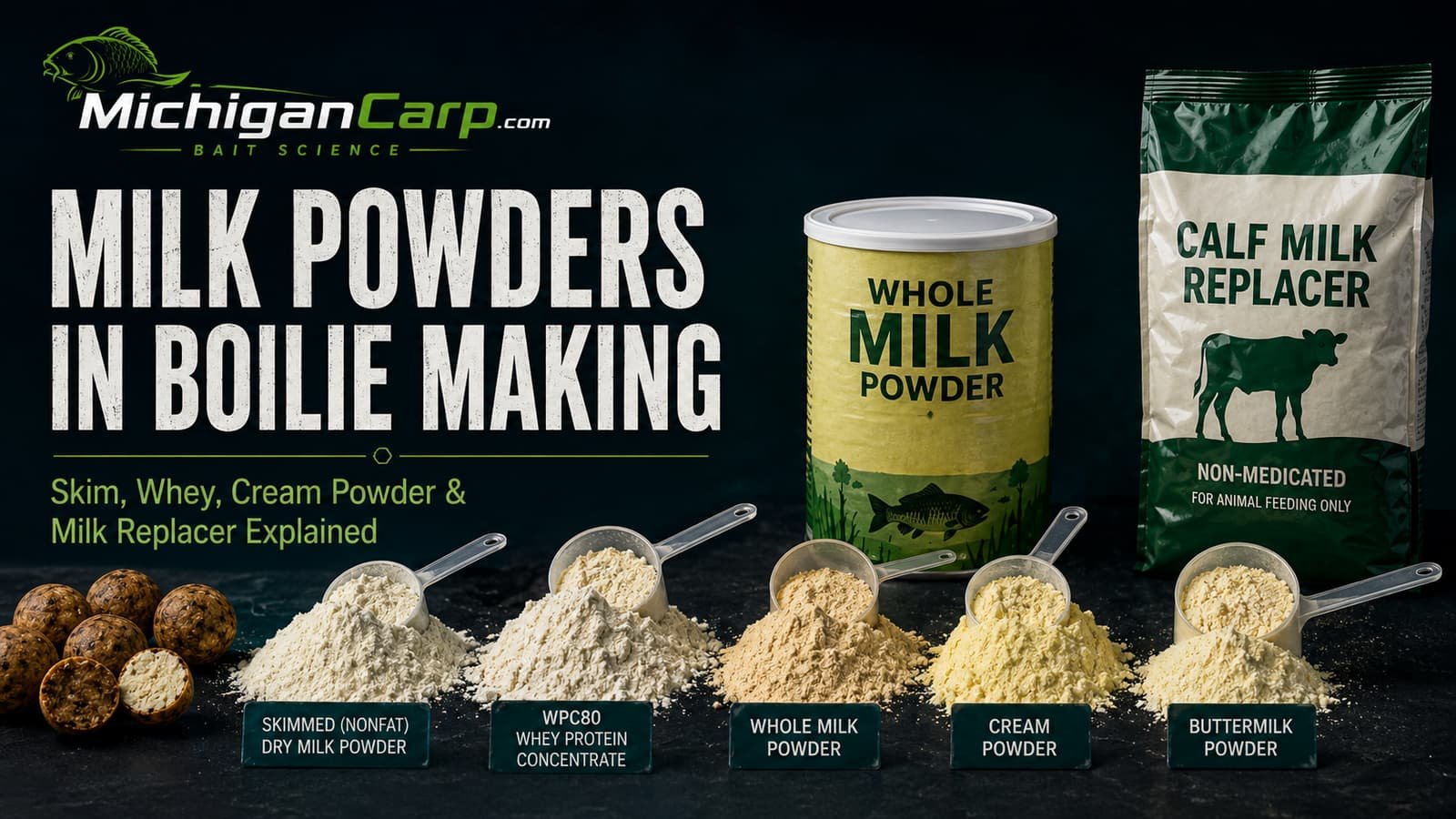 Milk powders in boilie making with nonfat dry milk, WPC80, whole milk powder, cream powder, buttermilk and calf milk replacer