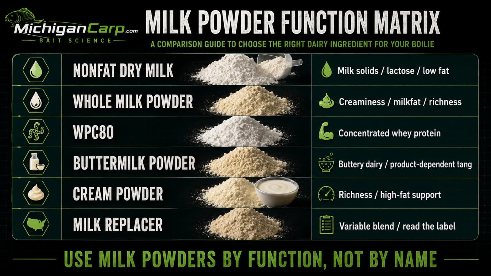 Milk powder function matrix comparing nonfat dry milk, whole milk powder, WPC80, buttermilk powder, cream powder and milk replacer