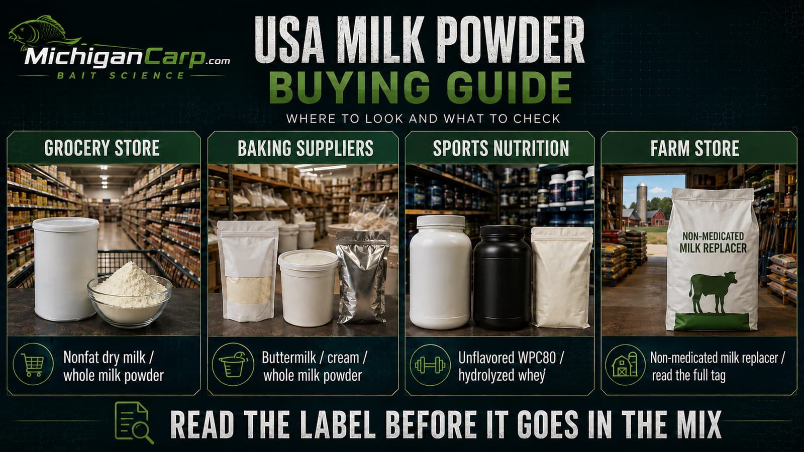 USA milk powder buying guide covering grocery stores, baking suppliers, sports nutrition suppliers and farm stores