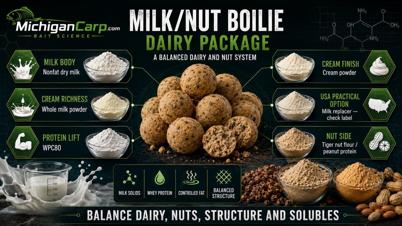 Milk nut boilie dairy package using nonfat dry milk, whole milk powder, WPC80, cream powder, milk replacer and nut flours