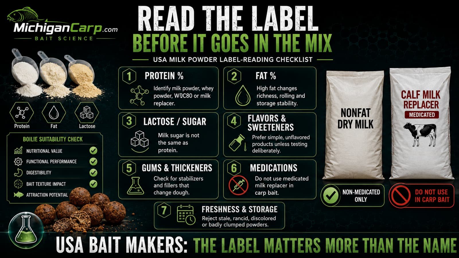 Milk powder label reading checklist covering protein, fat, lactose, sweeteners, thickeners, medications, freshness and storage