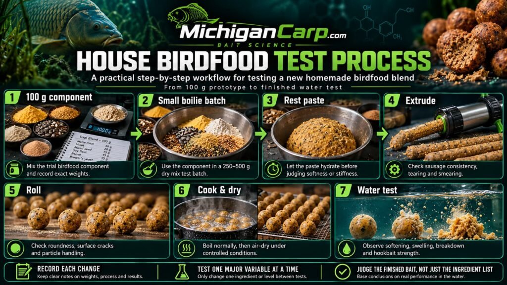 House birdfood test process for carp boilies showing prototype blend mixing, resting, extruding, rolling, cooking, drying and water testing