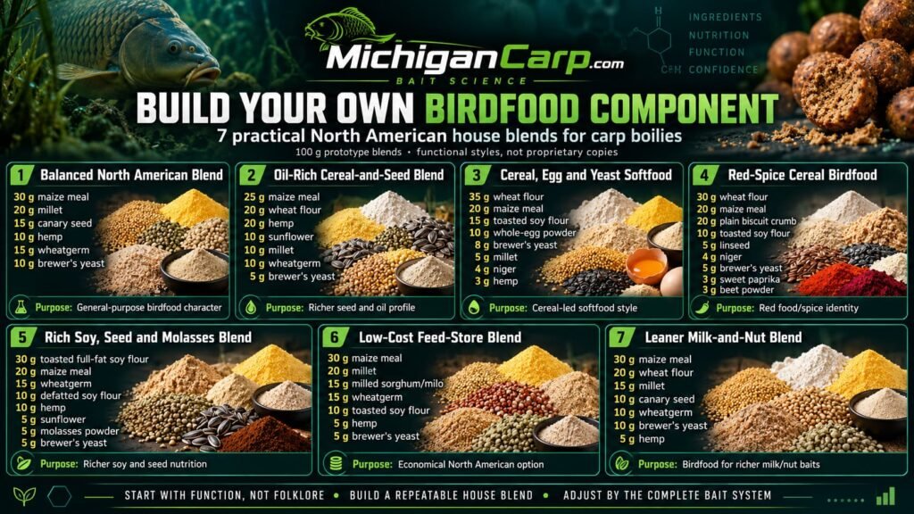 Seven homemade North American birdfood blends for carp boilies showing seed, cereal, soy, egg and yeast ingredients