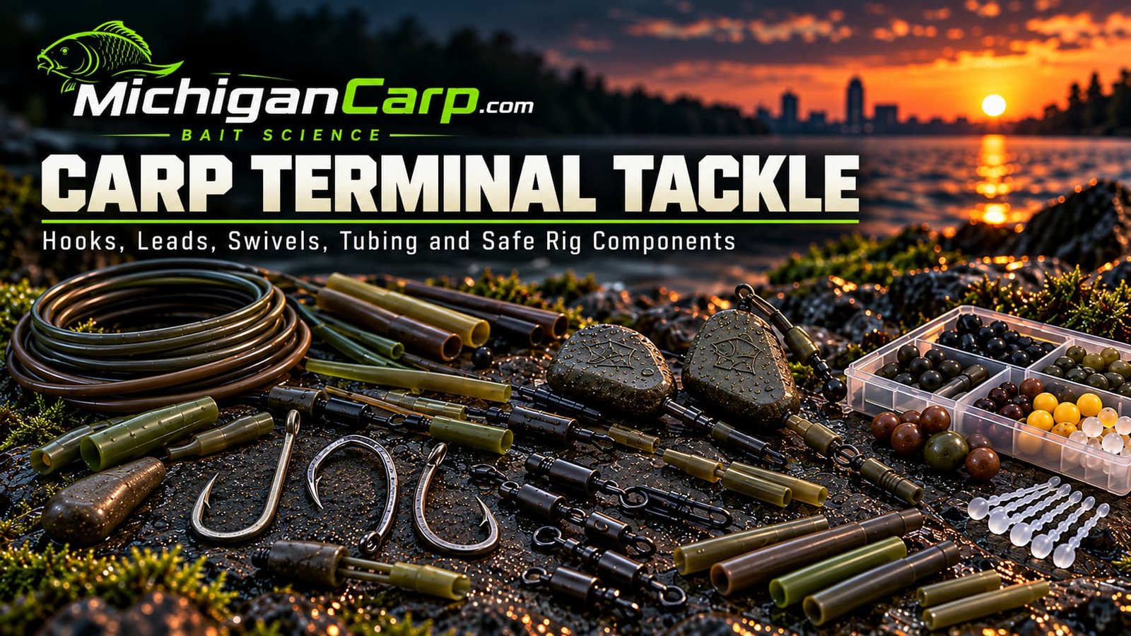 Carp terminal tackle Michigan guide showing hooks, hooklinks, swivels, lead clips, tubing and safe rig components.