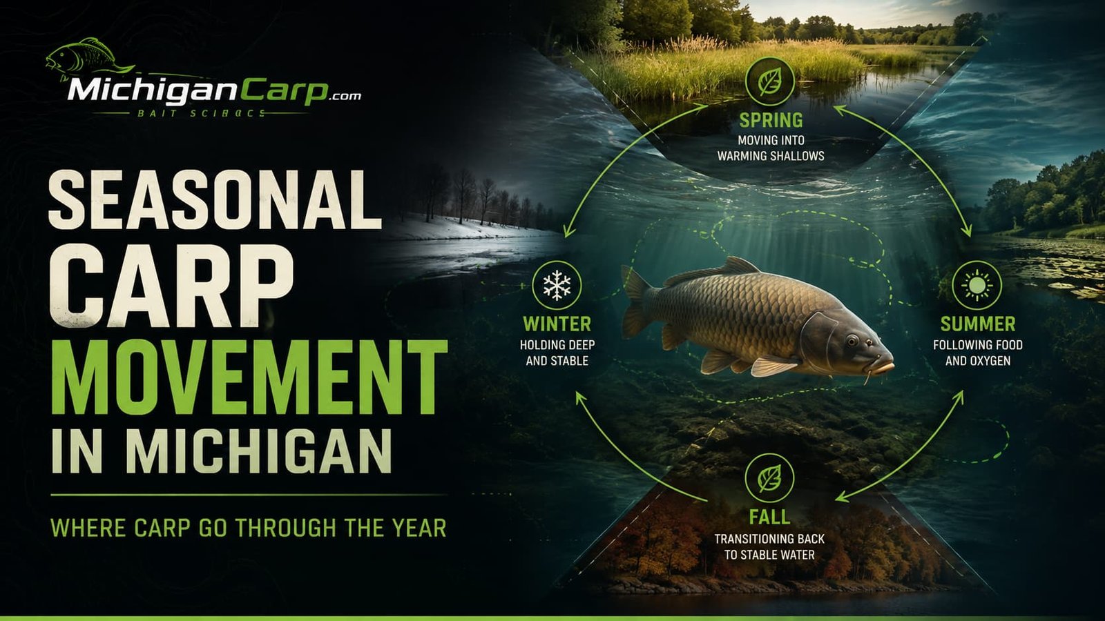 Seasonal carp movement in Michigan showing how carp shift between spring shallows, summer feeding routes, fall transition areas and winter holding water.
