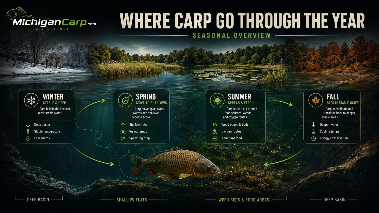 Where carp go through the year showing winter deep water, spring shallows, summer weed and food areas, and fall movement back toward stable water.