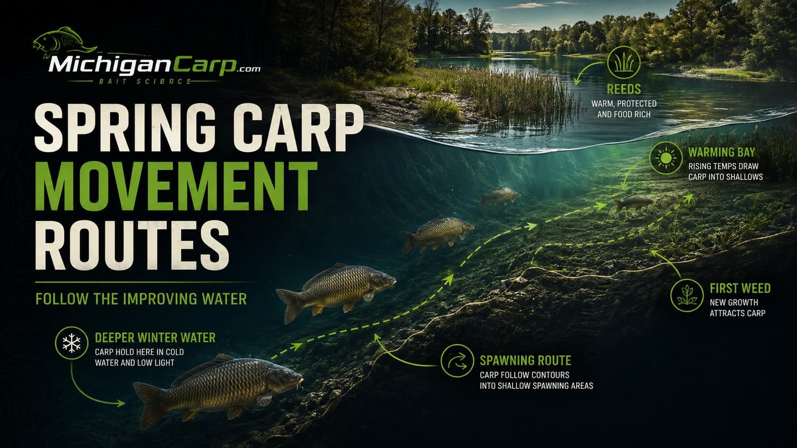 Spring carp movement routes showing carp leaving deeper winter water and moving toward warming bays, reeds, first weed and shallow spawning areas.