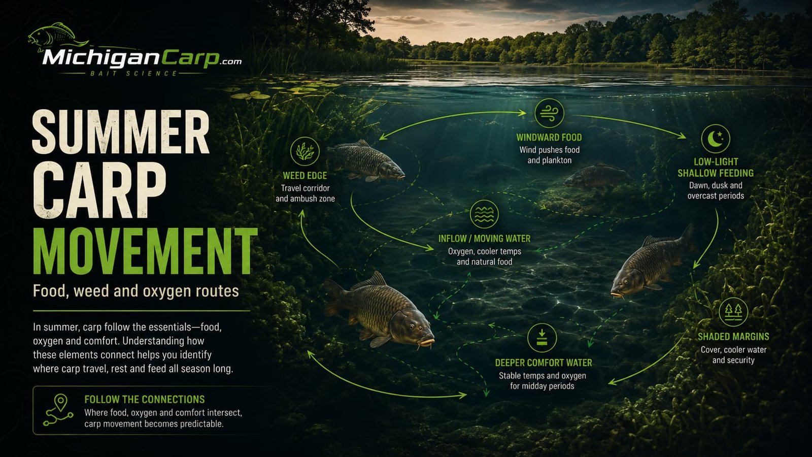 In Where Do Carp Go in Summer?, place it immediately after the highlighted line “WHERE DO FOOD, OXYGEN, COMFORT AND SAFETY OVERLAP TODAY?” and before “Summer Weed Edges Become Carp Highways.”