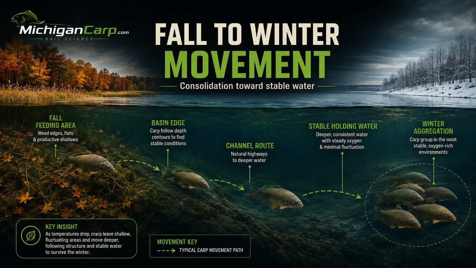 Fall to winter carp movement showing carp leaving shallow feeding areas and following basin edges and channels toward stable winter holding water.