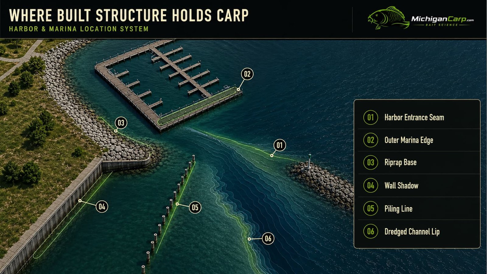 MichiganCarp diagram showing productive carp zones around a harbor entrance, marina edge, riprap base, wall shadow, pilings and dredged channel.