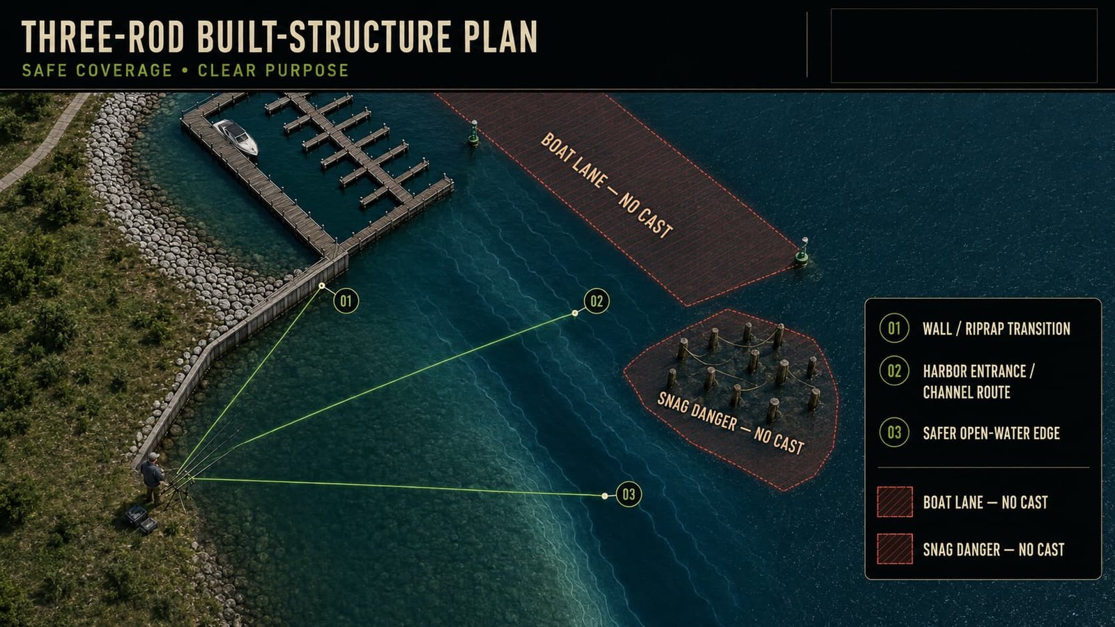 Three-rod carp fishing plan covering a harbor wall base, entrance travel route and safer open-water edge.