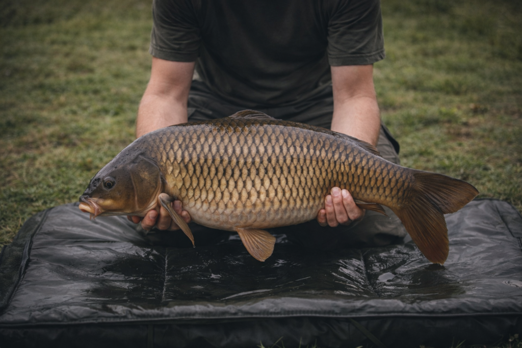 Safe carp photo position: kneeling, fish held low over a wet mat with two-hand support.
