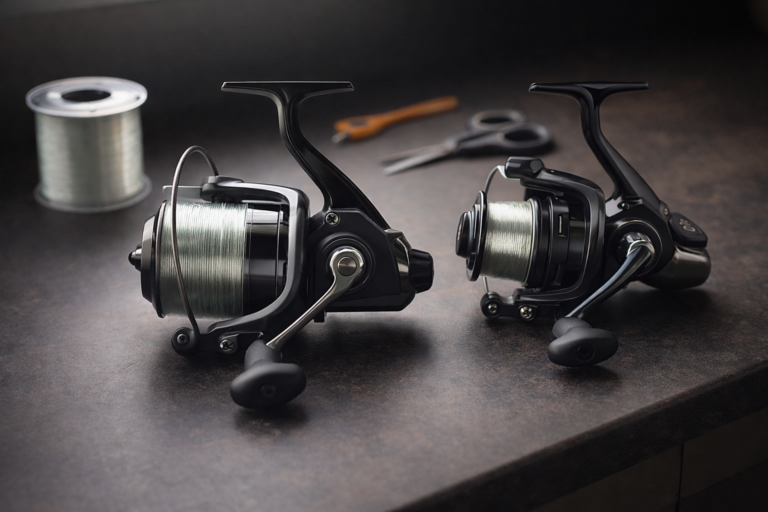 Two carp reels on a tidy workbench—one big pit style and one compact baitrunner style—beside a spool of line, scissors, and a knot tool.”
