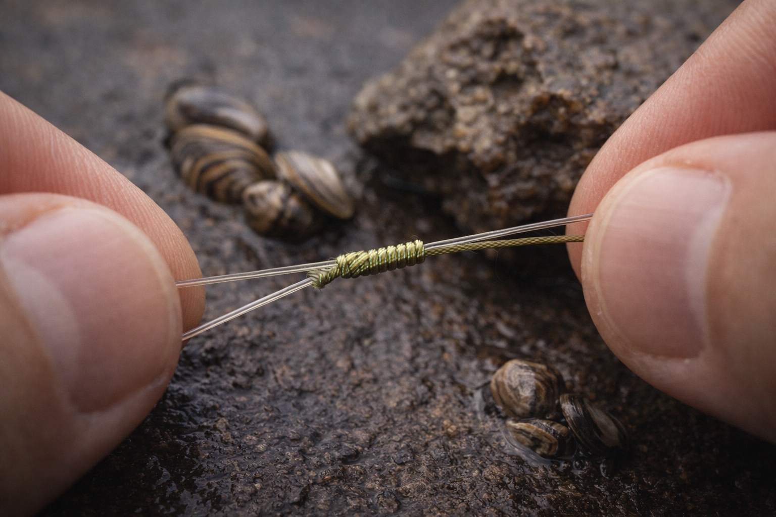 Close-up of a tidy leader knot being checked between fingers beside zebra mussel shells on a wet rock.”