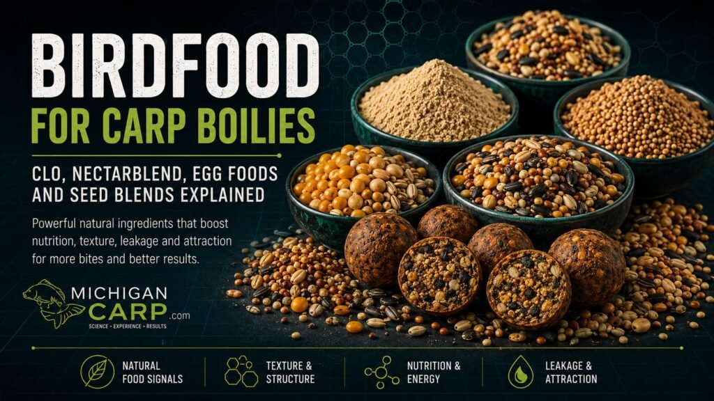 Birdfood ingredients for carp boilies including CLO, egg food, seed blends, cereals and finished birdfood boilies
