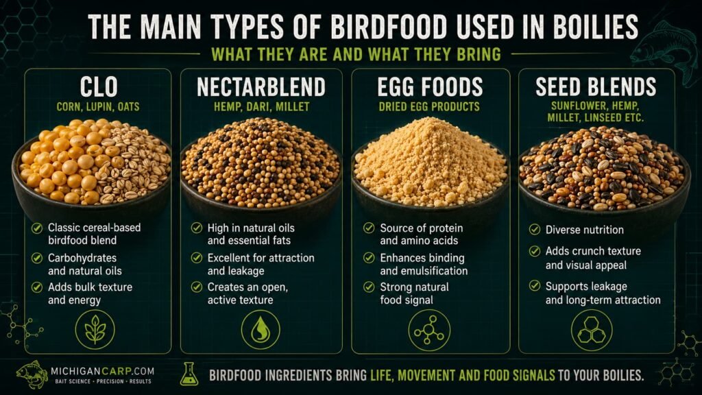 Four birdfood types for boilie making showing plain seeds, prepared birdfood, CLO-style ingredients and house blends