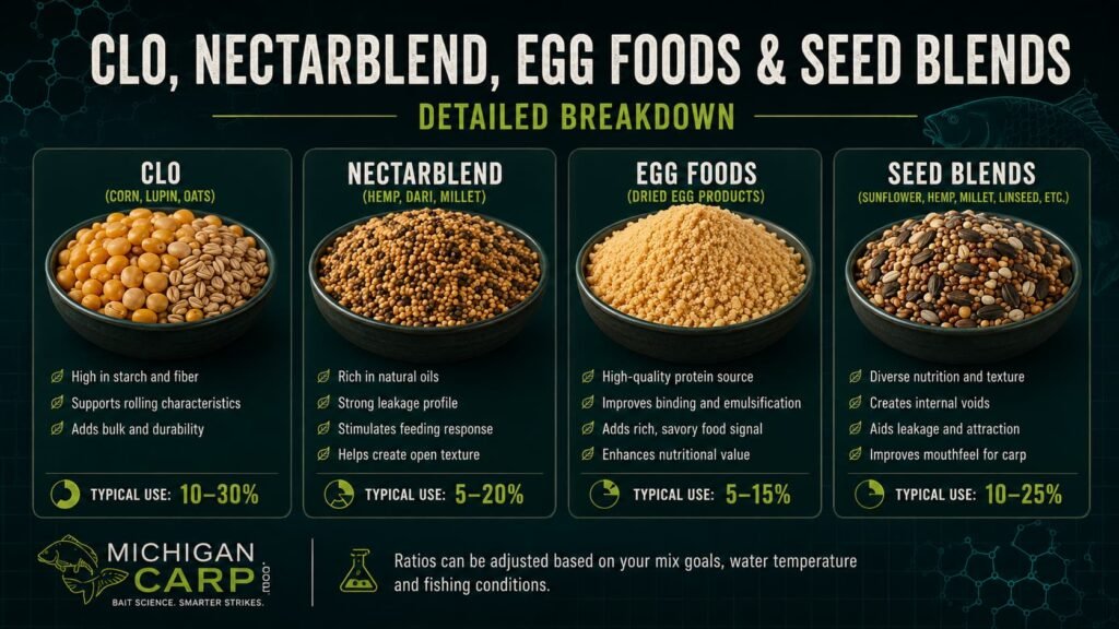 Comparison of CLO, Nectarblend, Red Factor and plain seed blends for carp boilie making