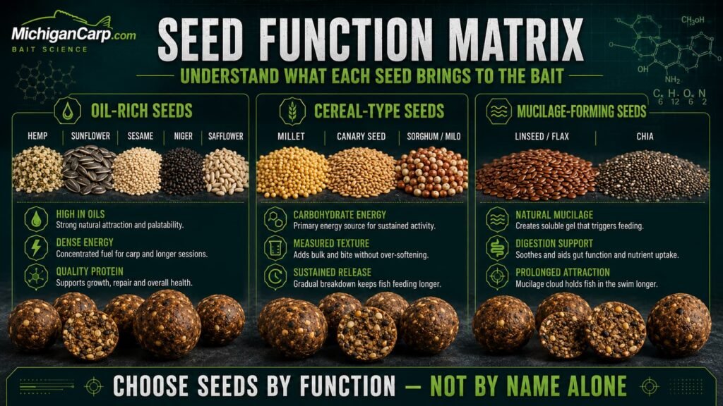 Comparison of oil-rich, cereal-type and mucilage-forming seeds used in carp boilies