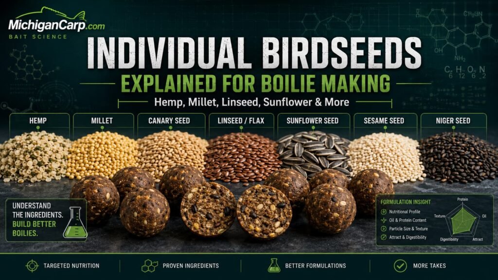 Individual birdseeds for boilie making including hemp, millet, canary seed, 
