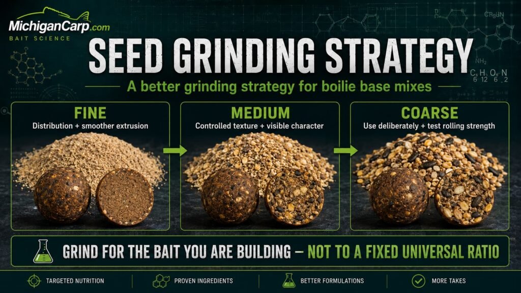 Fine, medium and coarse seed grinding strategy for boilie base mixes