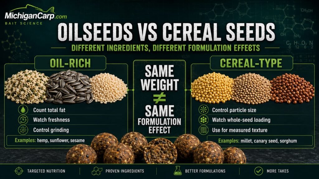 Oil-rich seeds compared with cereal-type seeds for boilie base mix formulation