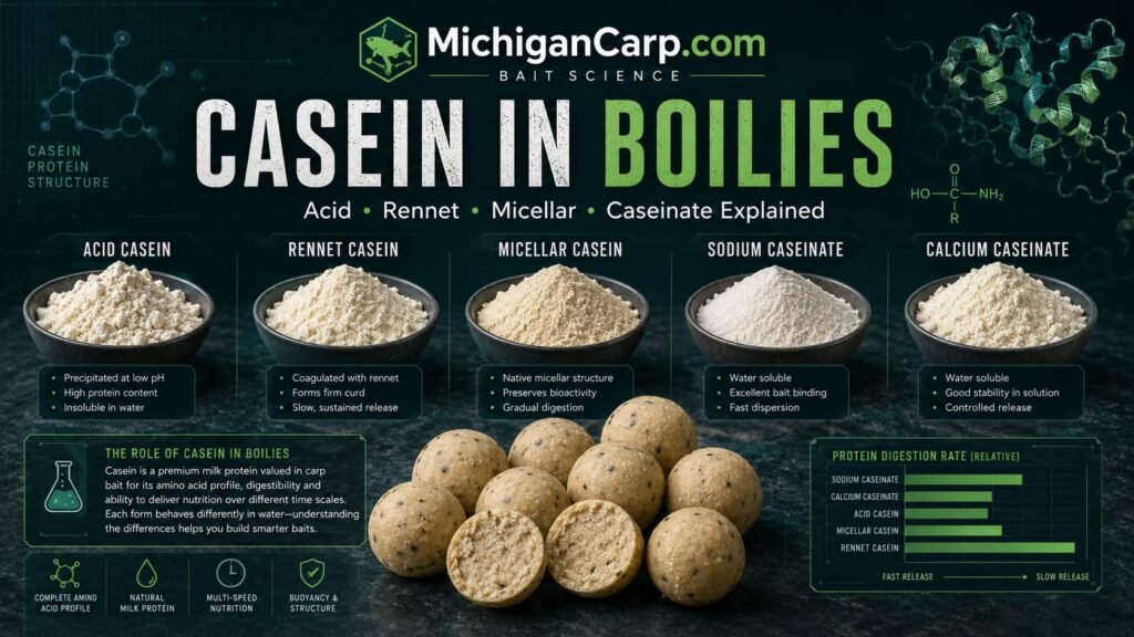 Casein in boilies showing acid casein rennet casein micellar casein sodium caseinate calcium caseinate milk protein powders and carp boilies