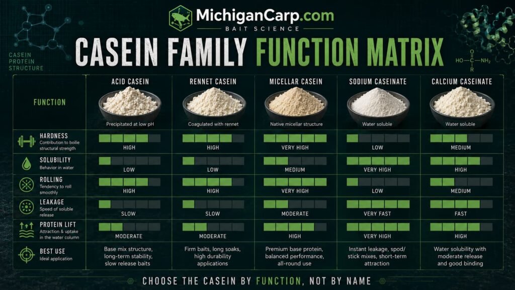 Casein family function matrix for boilie making comparing acid casein rennet casein micellar casein sodium caseinate and calcium caseinate