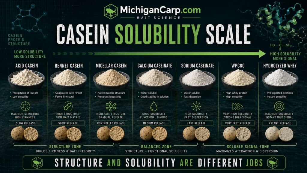 Casein solubility scale for boilies showing acid casein rennet casein micellar casein calcium caseinate sodium caseinate WPC80 and hydrolyzed whey