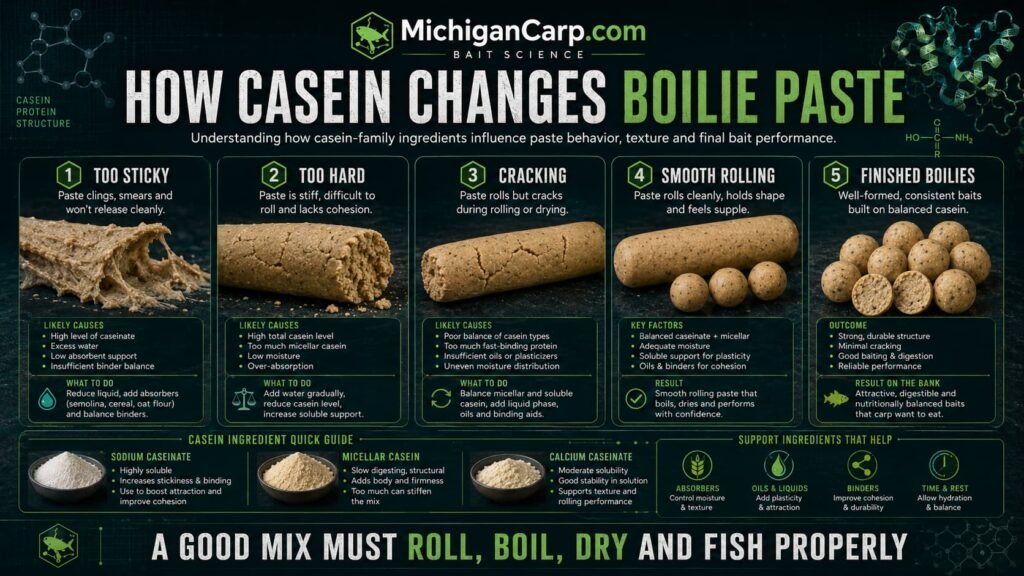 Casein boilie rolling texture guide showing sticky paste hard paste cracking smooth rolling and finished milk protein boilies