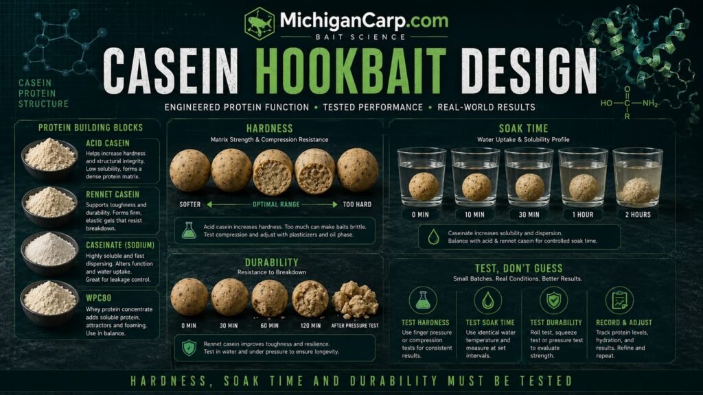 Casein hookbait design guide showing acid casein rennet casein caseinate WPC80 hardness soaking durability and boilie hookbaits