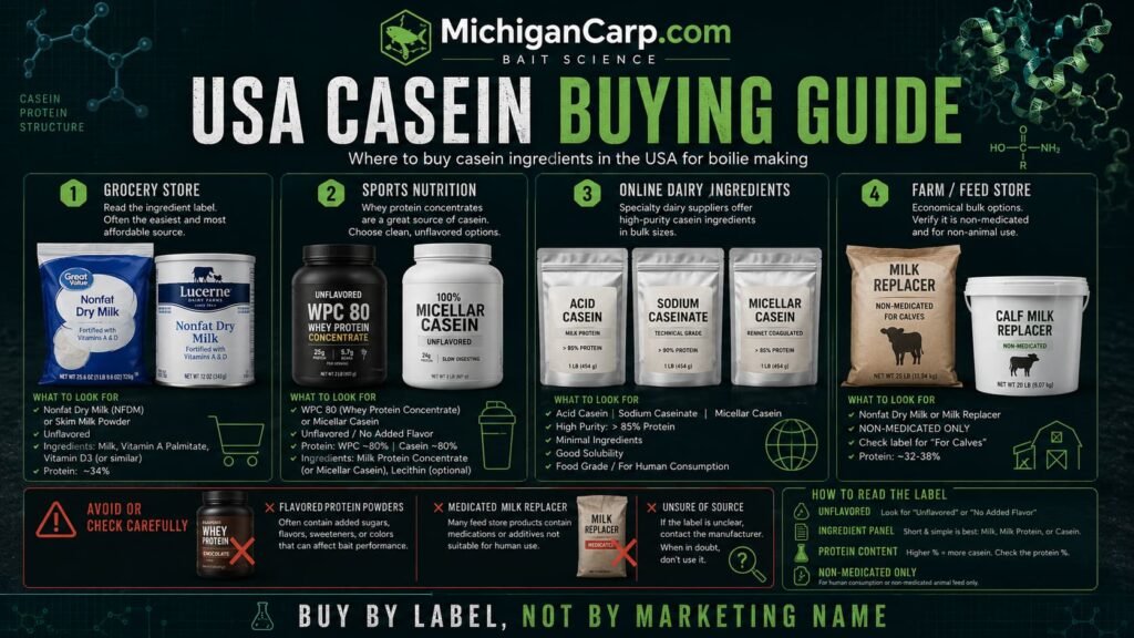 USA casein buying guide for boilie makers showing micellar casein WPC80 nonfat dry milk acid casein caseinate and milk protein boilies
