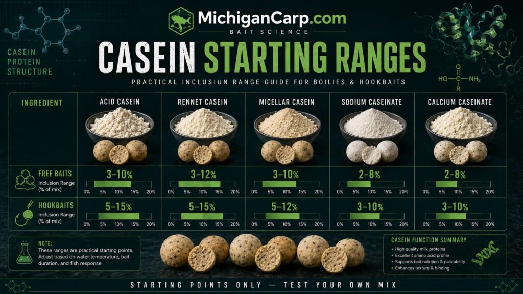 Casein inclusion range guide for boilies and hookbaits showing acid casein rennet casein micellar casein sodium caseinate and calcium caseinate