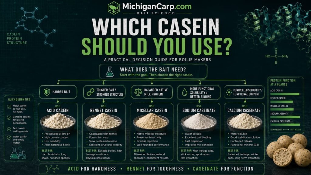 Casein decision guide for boilie making showing when to use acid casein rennet casein micellar casein sodium caseinate and calcium caseinate