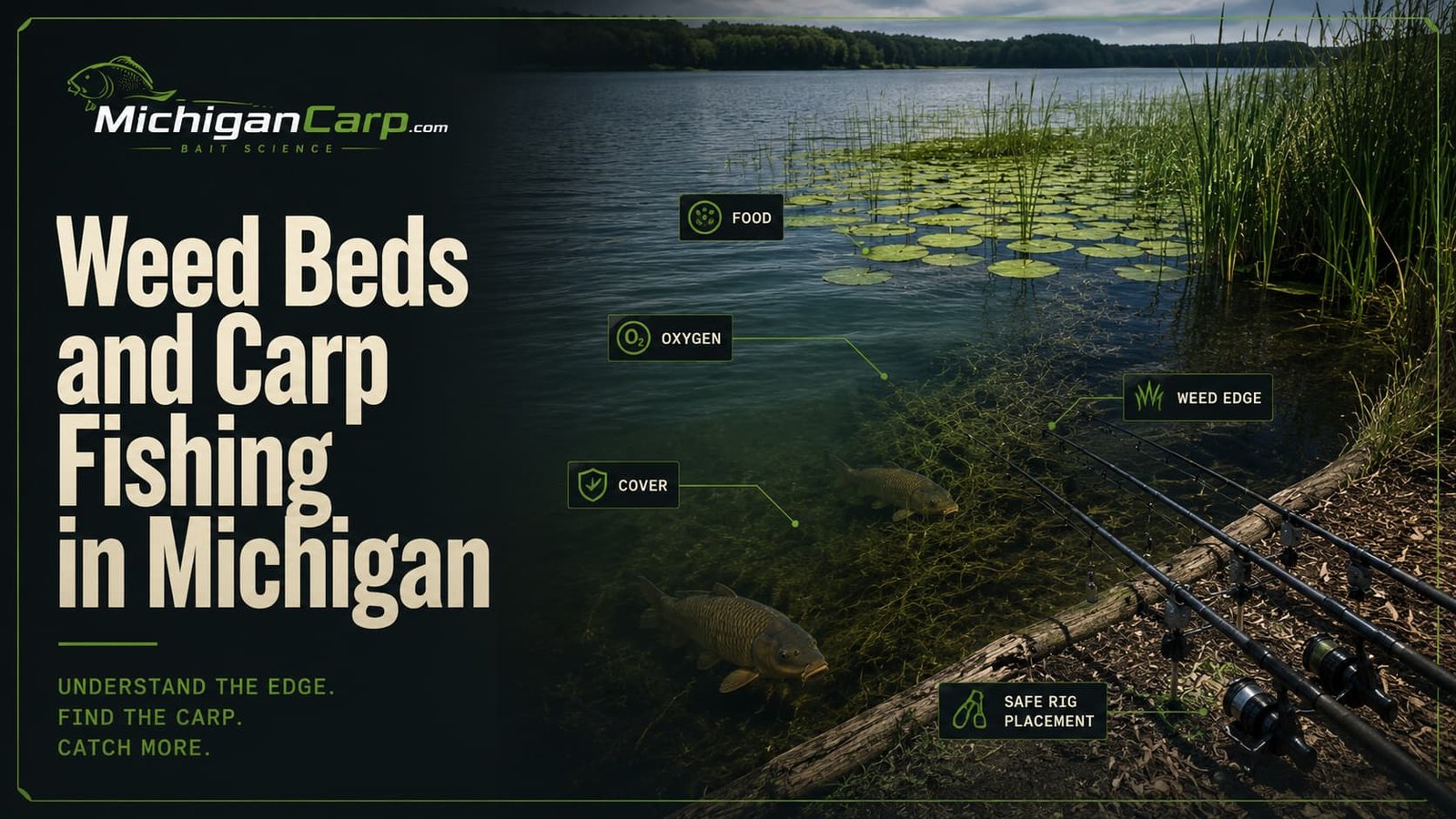 Michigan lake weed bed with lily pads reeds clear edge and carp fishing rods safely positioned