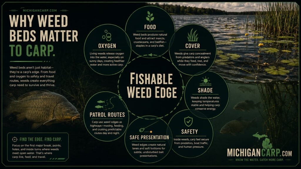 Infographic showing weed beds providing food oxygen cover shade patrol routes and safe presentation for carp