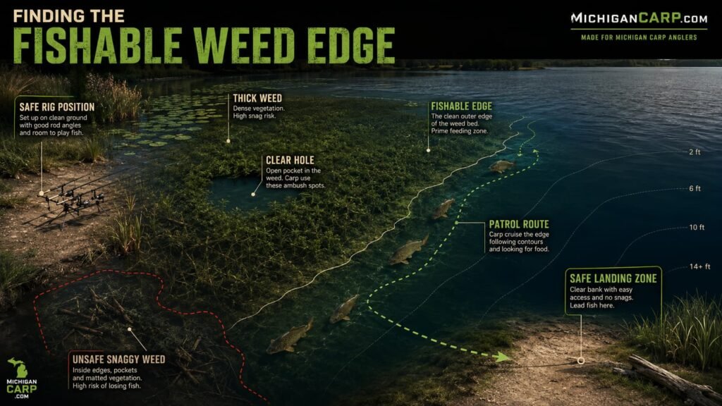 Diagram showing safe weed edge clear hole patrol route rig placement and landing zone for carp fishing