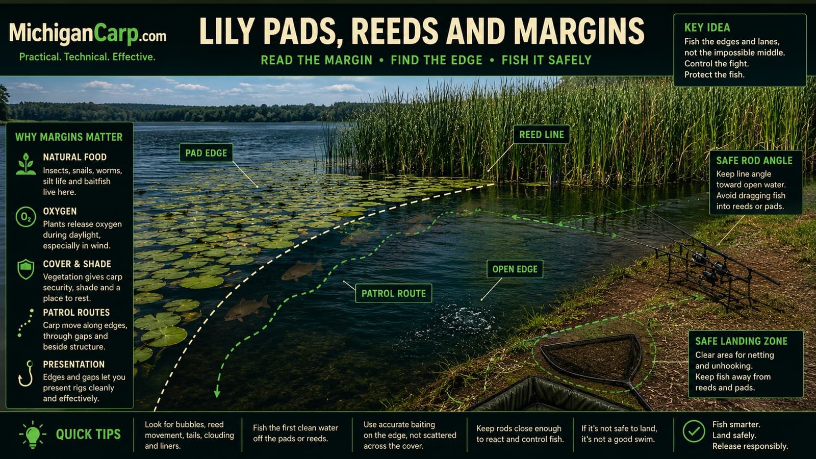 Michigan lake margin with lily pads reeds clear water edge and carp patrol route
