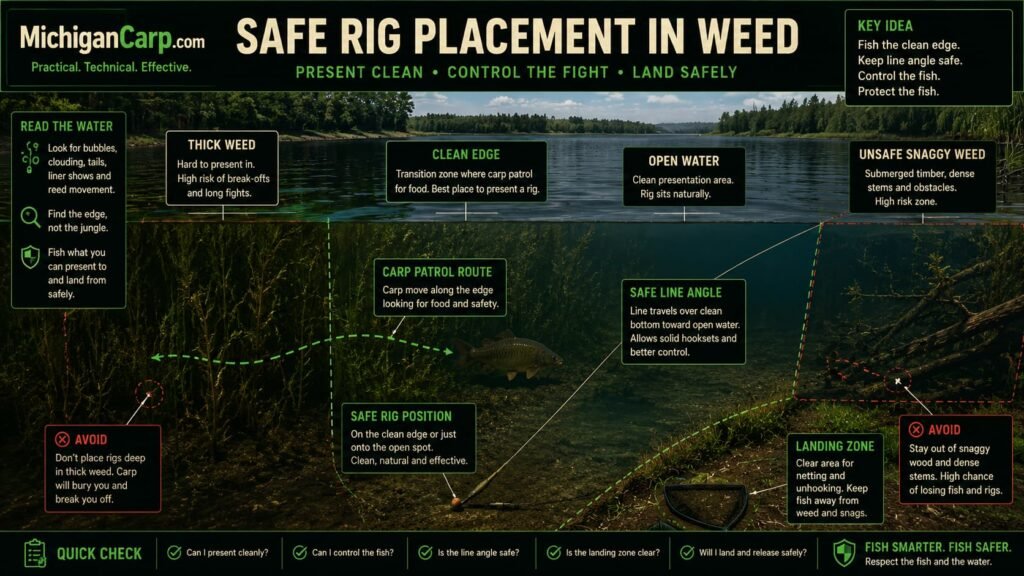 Diagram showing safe rig placement on a clean weed edge with carp patrol route and landing angle