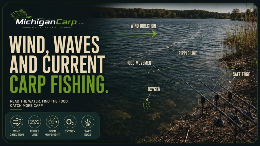 Wind rippled Michigan lake with reeds weed edge and carp fishing rods showing moving water conditions
