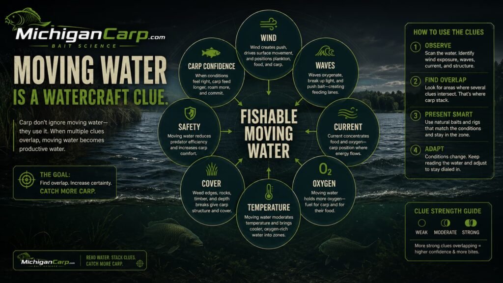 Infographic showing wind waves and current moving oxygen food temperature cover and carp confidence