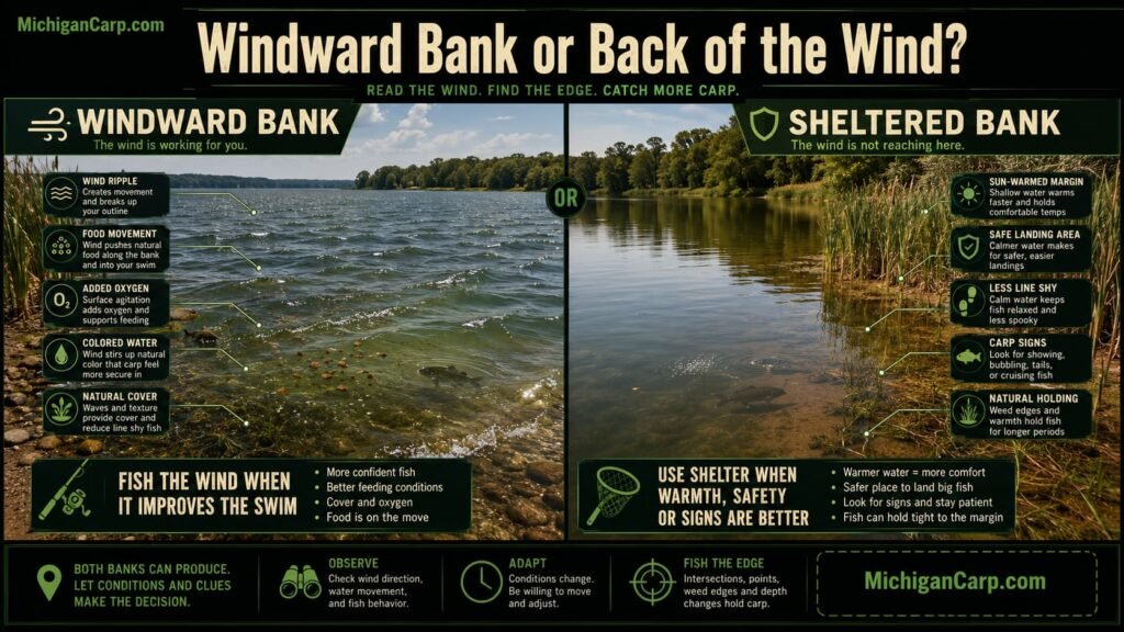 Use the new MichiganCarp.com green/black identity: near-black background, dark teal/green panels, deep freshwater green borders, MichiganCarp green highlights, and warm cream readable text. Modern technical carp-fishing editorial style. Realistic North American/Michigan lake environment. Wide 16:9 composition. High contrast, clean layout, no clutter. Use the new MichiganCarp logo only where it fits cleanly. Do not invent or distort a logo.