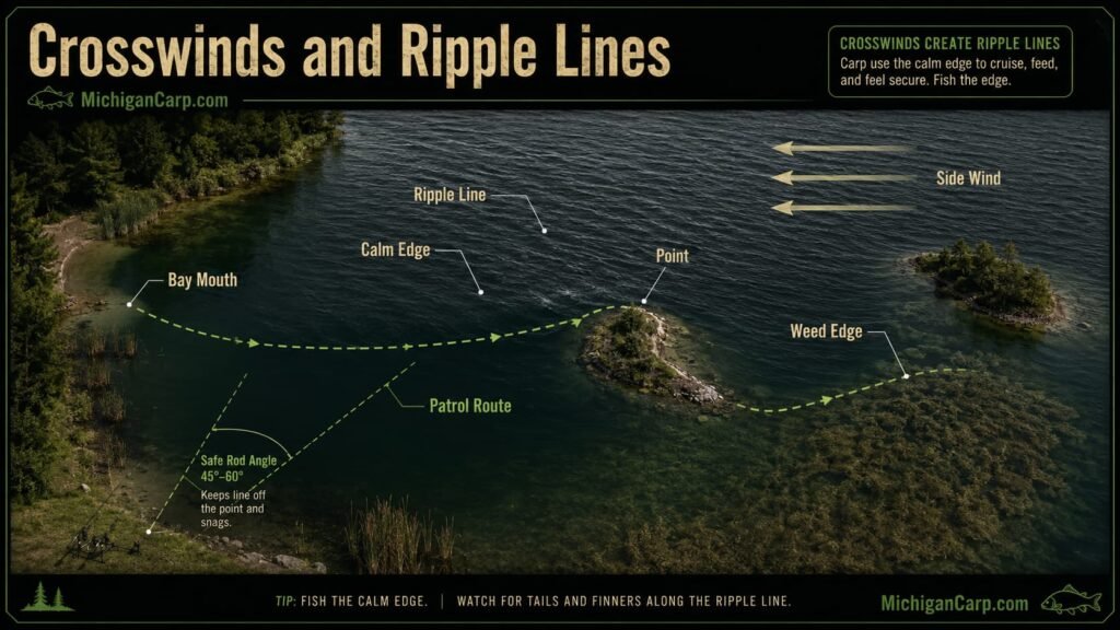 Diagram showing crosswind ripple lines bay mouths points weed edges and carp patrol routes