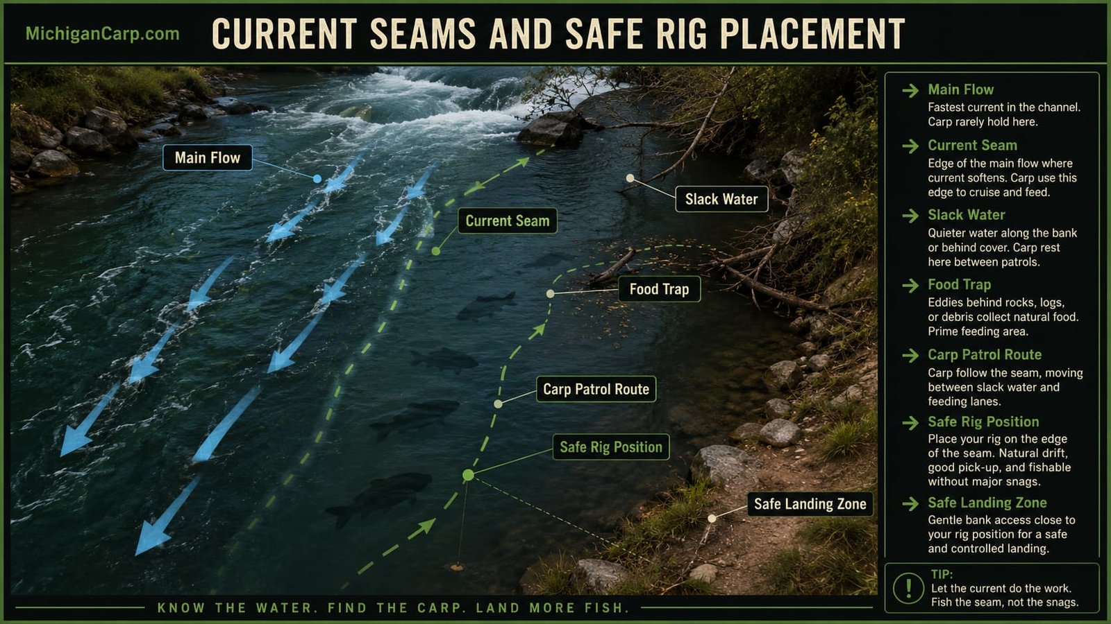 Diagram showing current seam slack water carp patrol route and safe rig placement for carp fishing